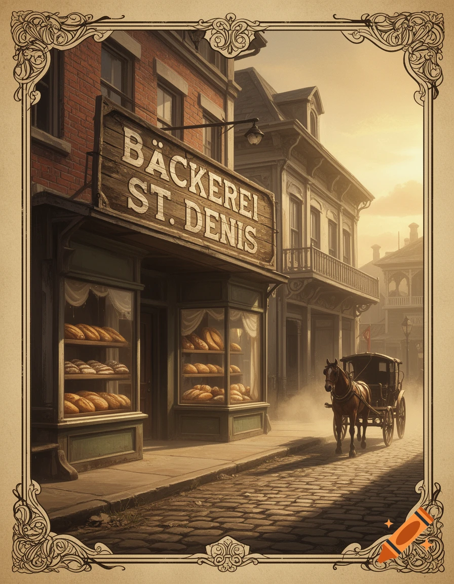 A vintage-style street scene with a bakery named 'Bäckerei St. Denis' and a horse-drawn carriage on a cobblestone street at sunset.