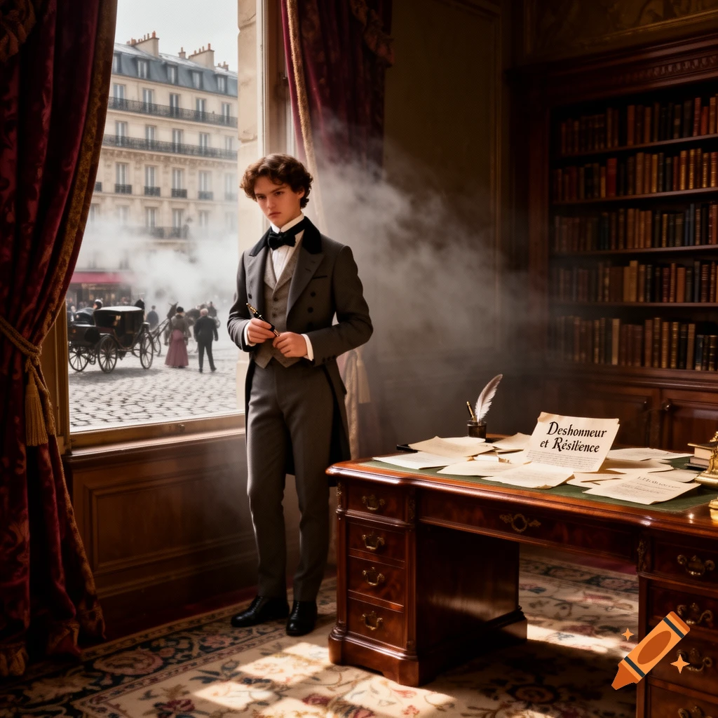 A young man in a grey period suit stands by a window overlooking a cobblestone street with horse-drawn carriages and buildings, next to a desk with papers in a richly decorated room.