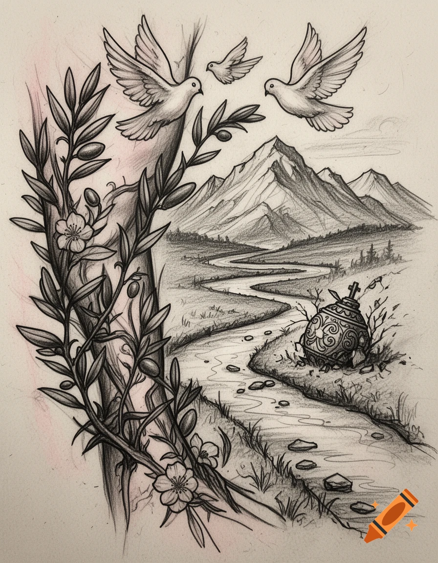 Pencil sketch of an olive branch and doves flying over a mountainous landscape with a winding river and a broken urn.