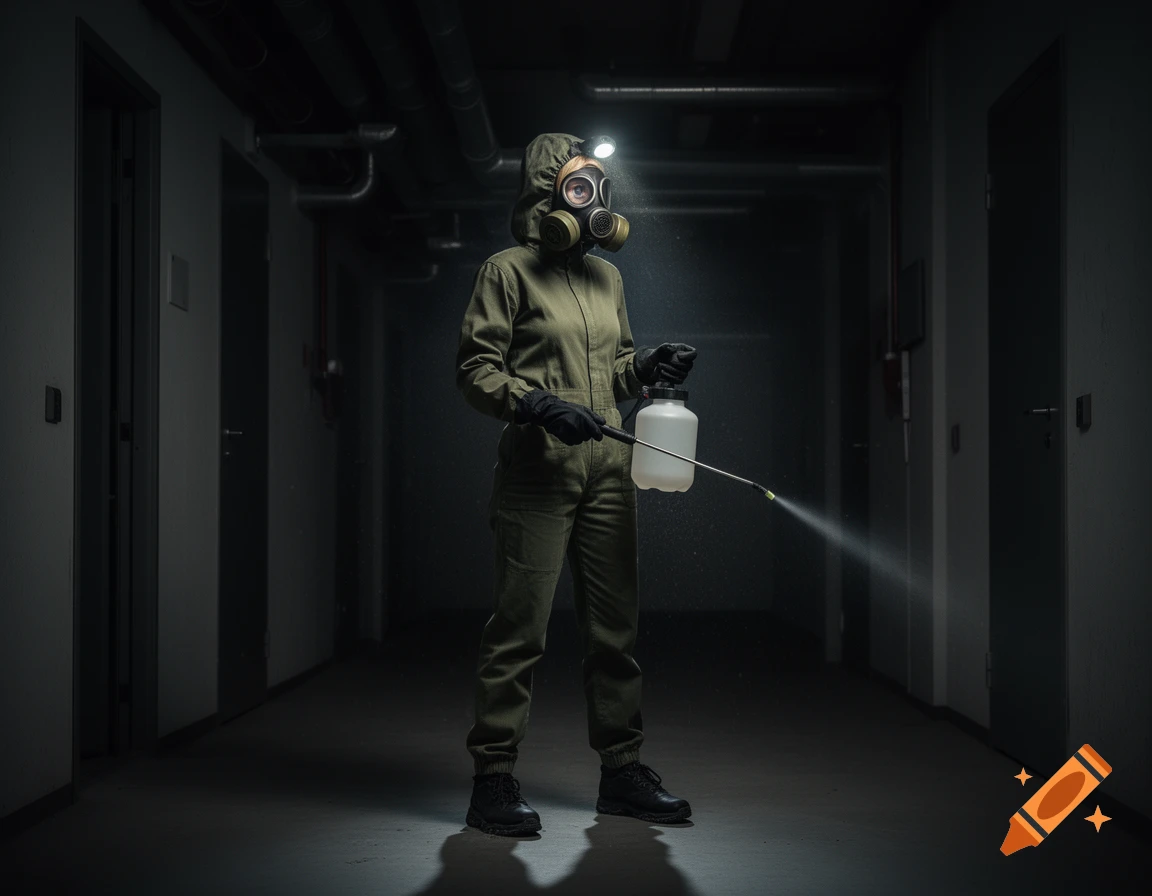 A person in a green hazmat suit and gas mask, illuminated by a headlamp, sprays a pump sprayer in a dark building corridor.
