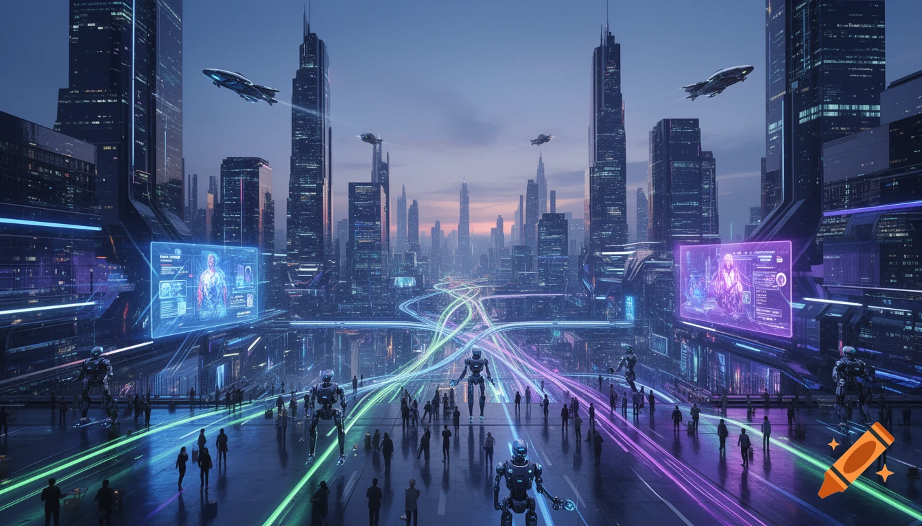 A photorealistic futuristic cityscape with towering glowing buildings, flying vehicles, neon light trails, robots, and pedestrians at dusk.