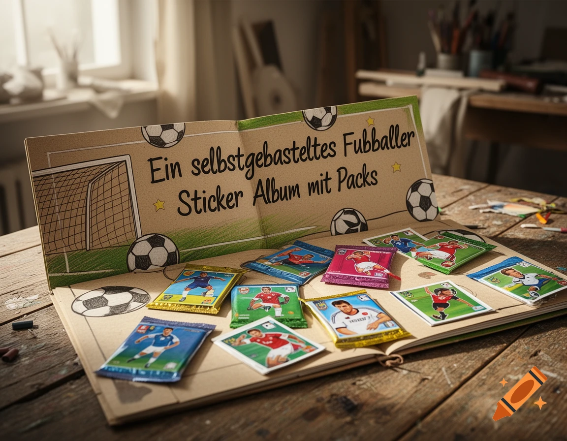 A homemade football sticker album with player cards and booster packs on a wooden table.