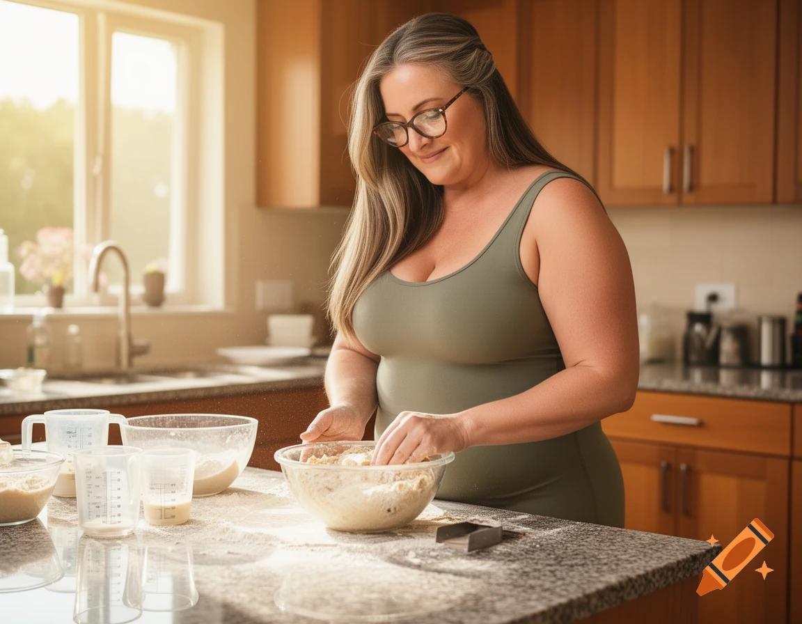 A smiling woman with long gray hair and glasses bakes in a sunlit kitchen, mixing ingredients in a bowl.