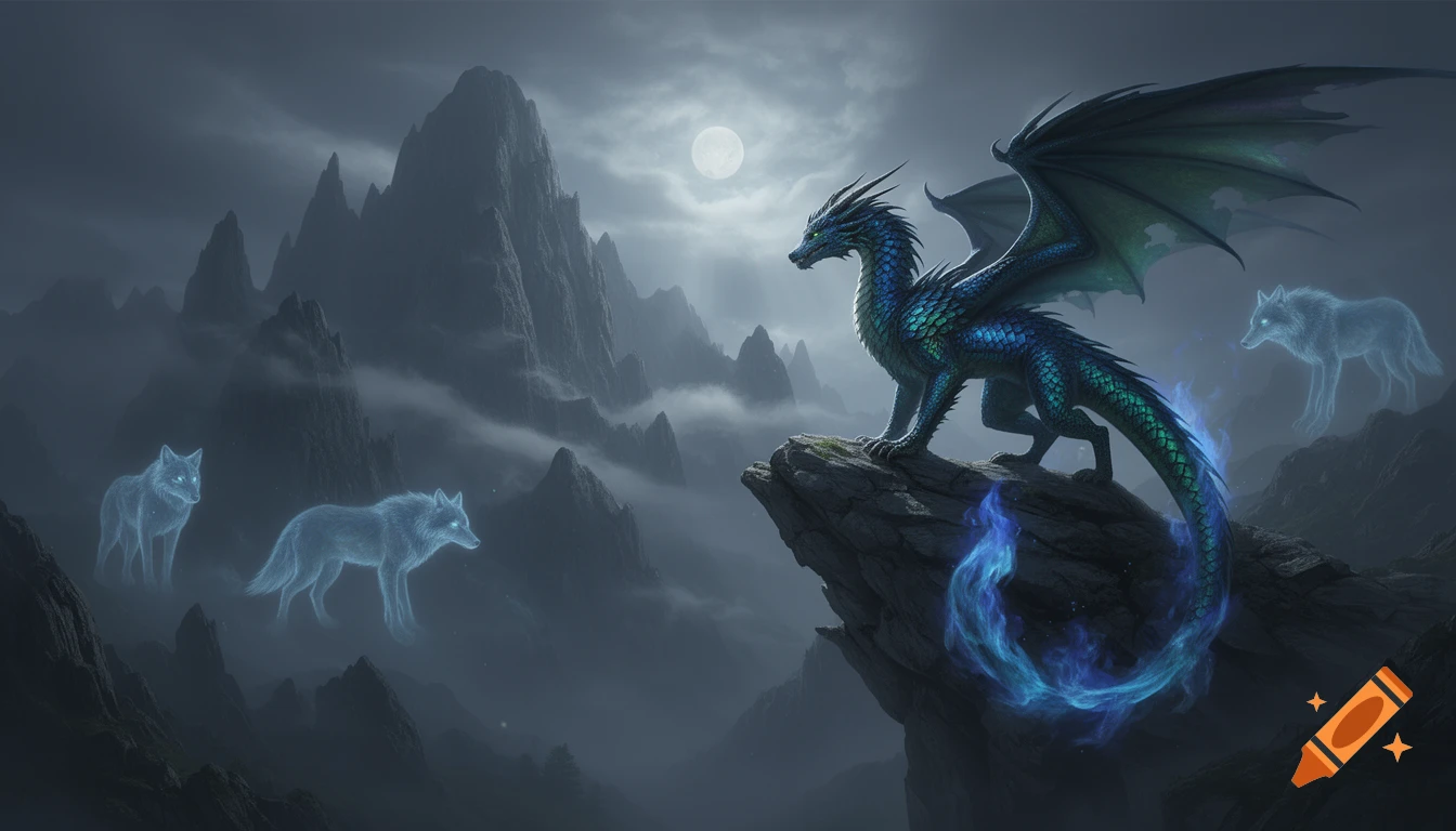A majestic blue-green dragon stands on a cliff under a full moon, surrounded by three glowing spectral wolves in a misty mountain landscape.