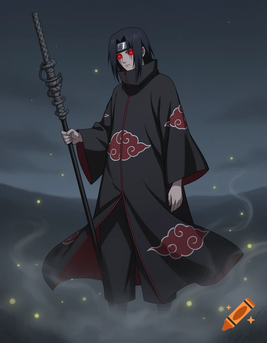 An anime character, Itachi Uchiha, stands in a dark cloak with red clouds, holding a knotted staff, with glowing red eyes.