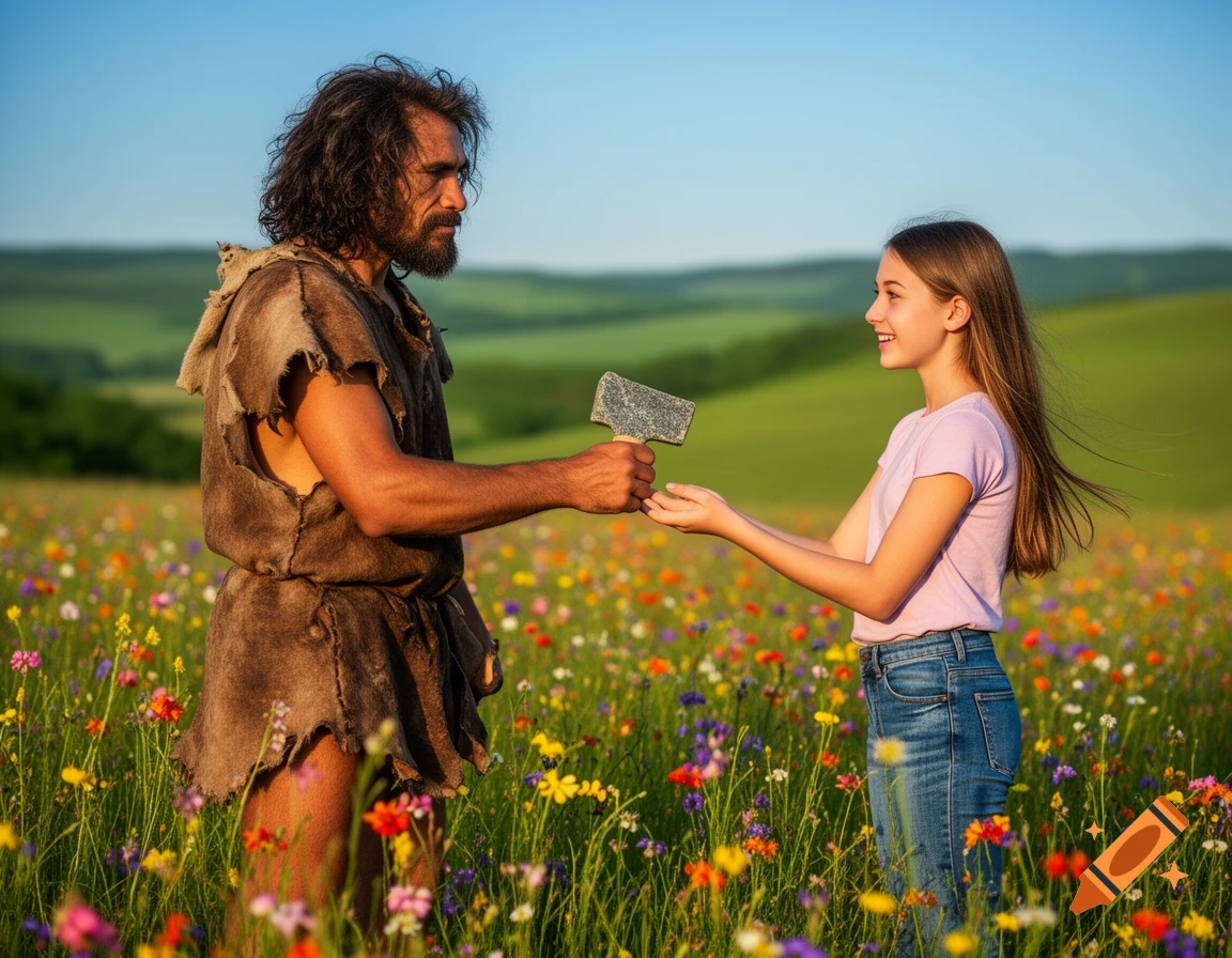 A Stone Age man in furs hands a stone axe to a smiling modern-day girl in a vibrant field of wildflowers under a clear sky.
