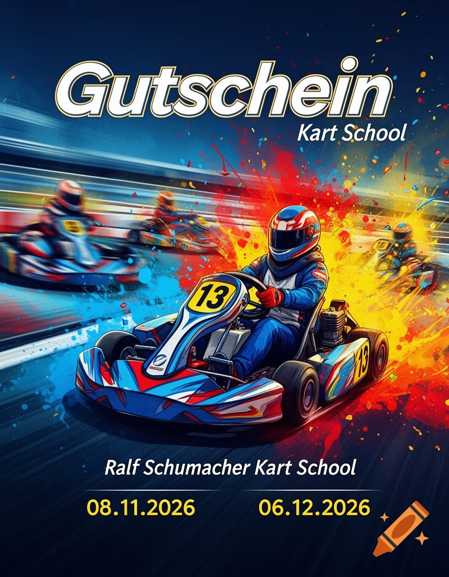 A vibrant poster for a go-kart school features a prominent go-kart with the number 13, driven by a racer in a helmet, with other blurry karts in the background, surrounded by colorful paint splashes. Text reads 'Gutschein Kart School Ralf Schumacher Kart School 08.11.2026 06.12.2026'.