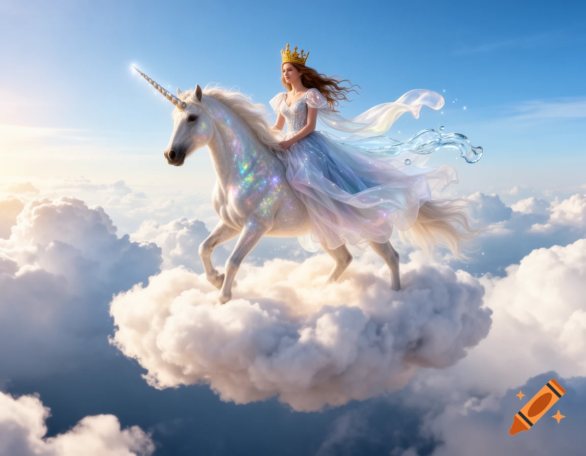 A princess wearing a crown and flowing dress rides a sparkling white unicorn with a glowing horn, floating on a cloud in a bright blue sky.