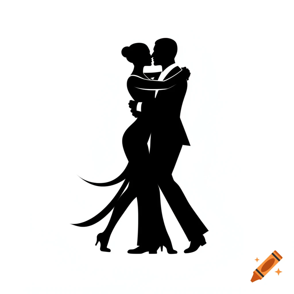 Black silhouettes of a couple salsa dancing and kissing on a white background, in a simple schematic style.