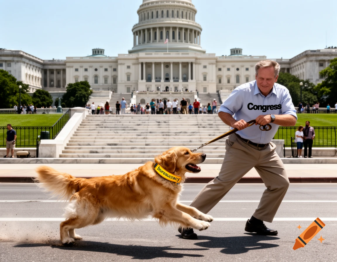 Photorealistic image of a man labeled 'Congress' being pulled by a golden retriever labeled 'bureaucracy' in front of the US Capitol building.
