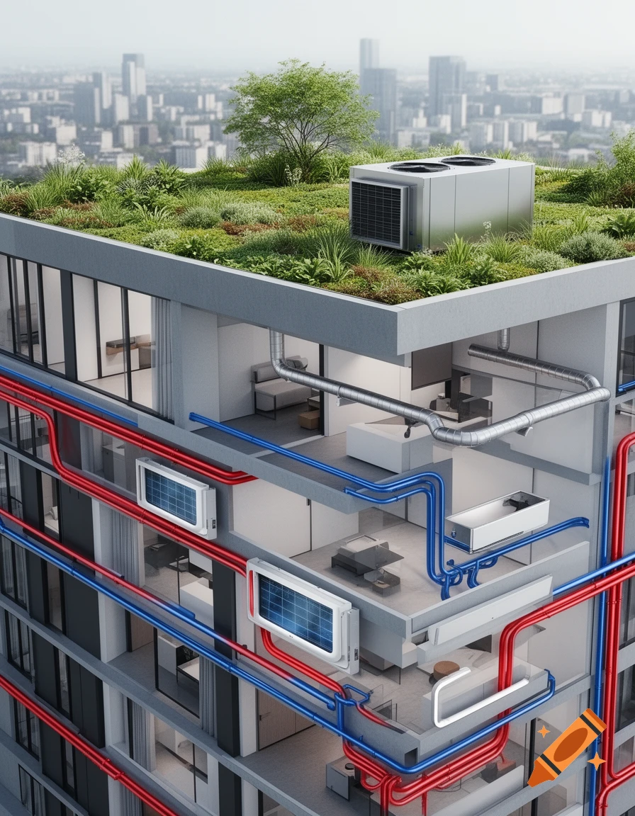 Photorealistic cutaway view of a modern building with a green roof, showing external HVAC unit and red/blue pipes for heating/cooling systems.