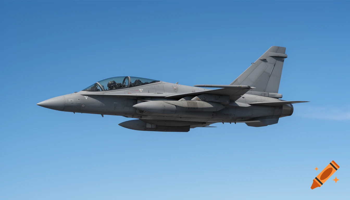 A grey, sleek, single-seat combat jet with a low-profile canopy flies against a clear blue sky in a photorealistic style.