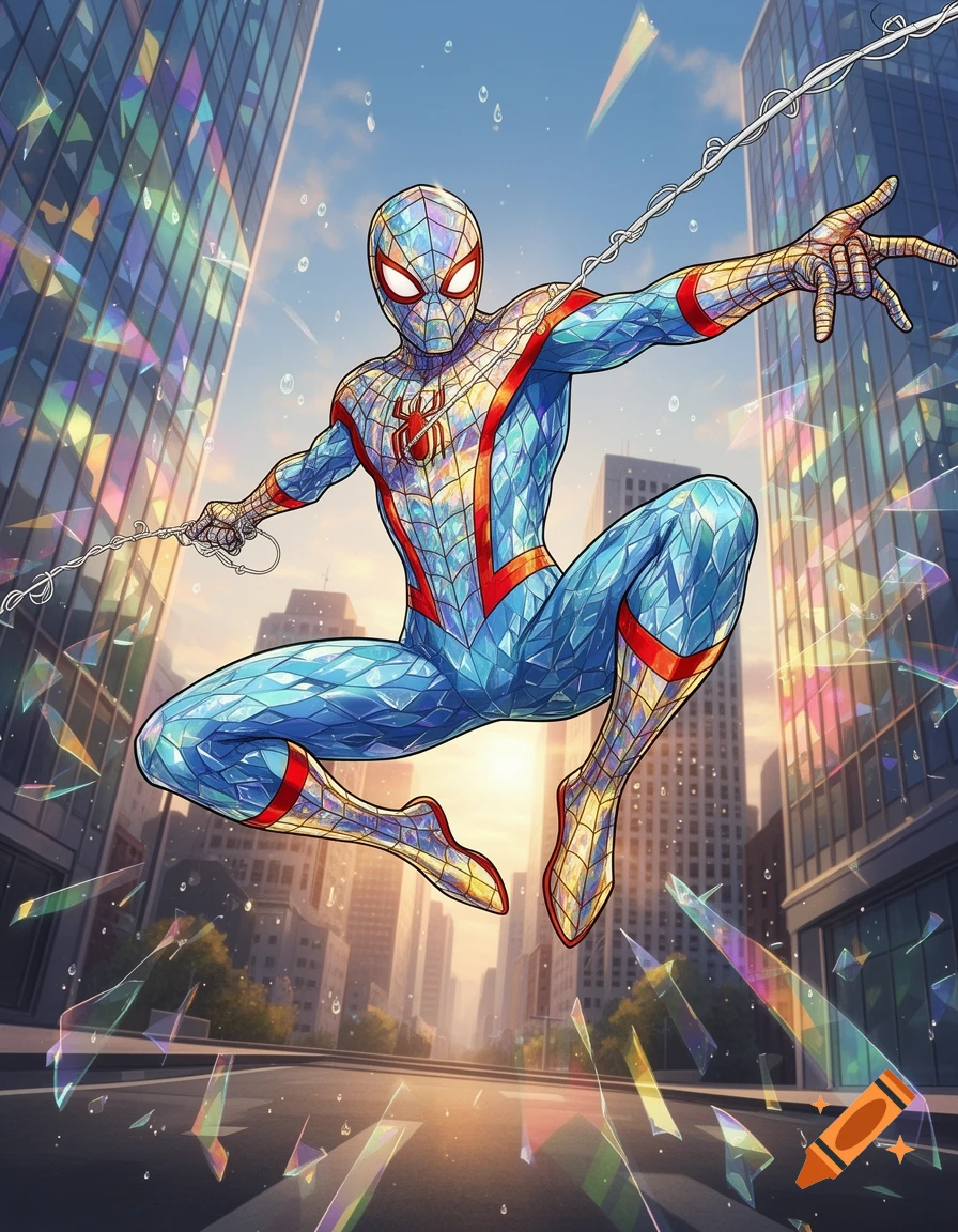 Stylized Spider-Man in a blue and red glass-patterned suit swings through a bright city, surrounded by shimmering light refractions.