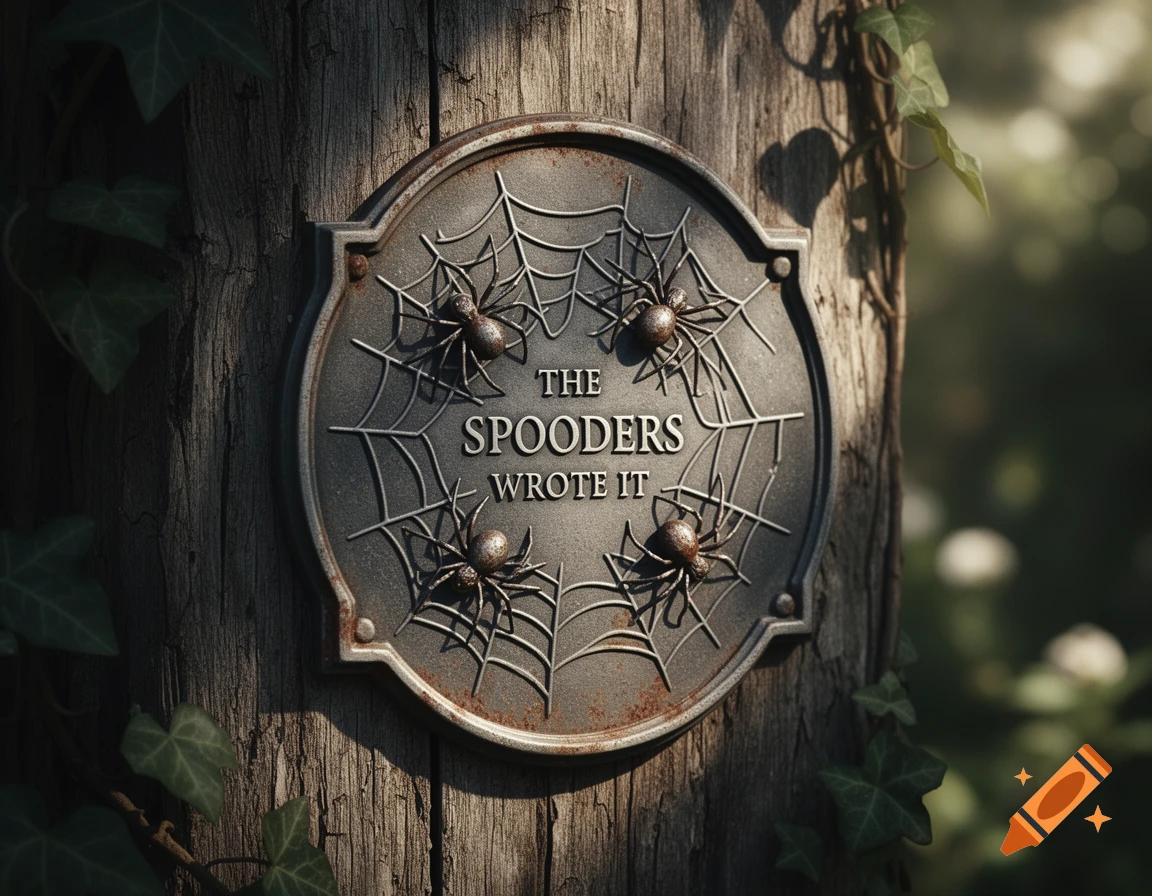 A vintage metal sign with spiderwebs and four spiders on a tree trunk, reading 'THE SPOODERS WROTE IT'.
