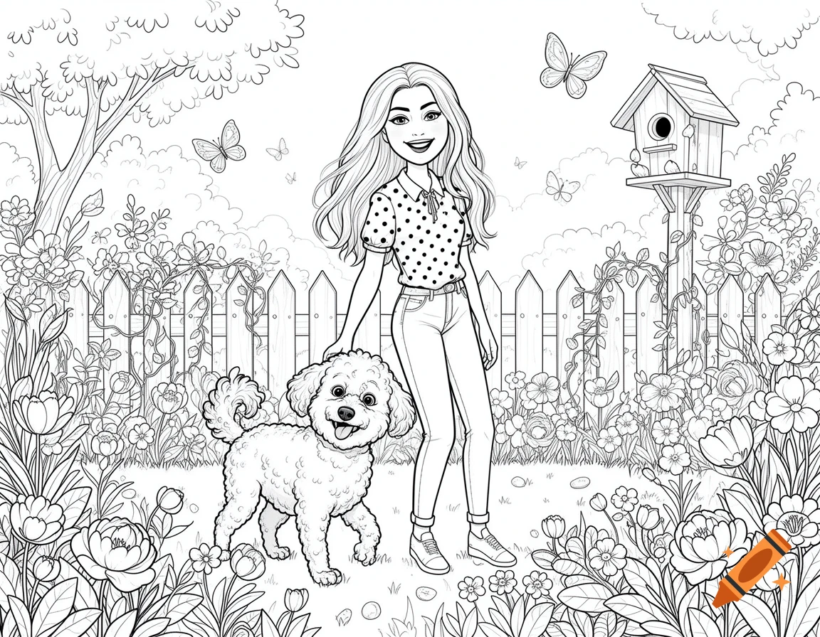 Line art coloring page of a girl walking a fluffy dog in a garden with a fence, flowers, and butterflies.