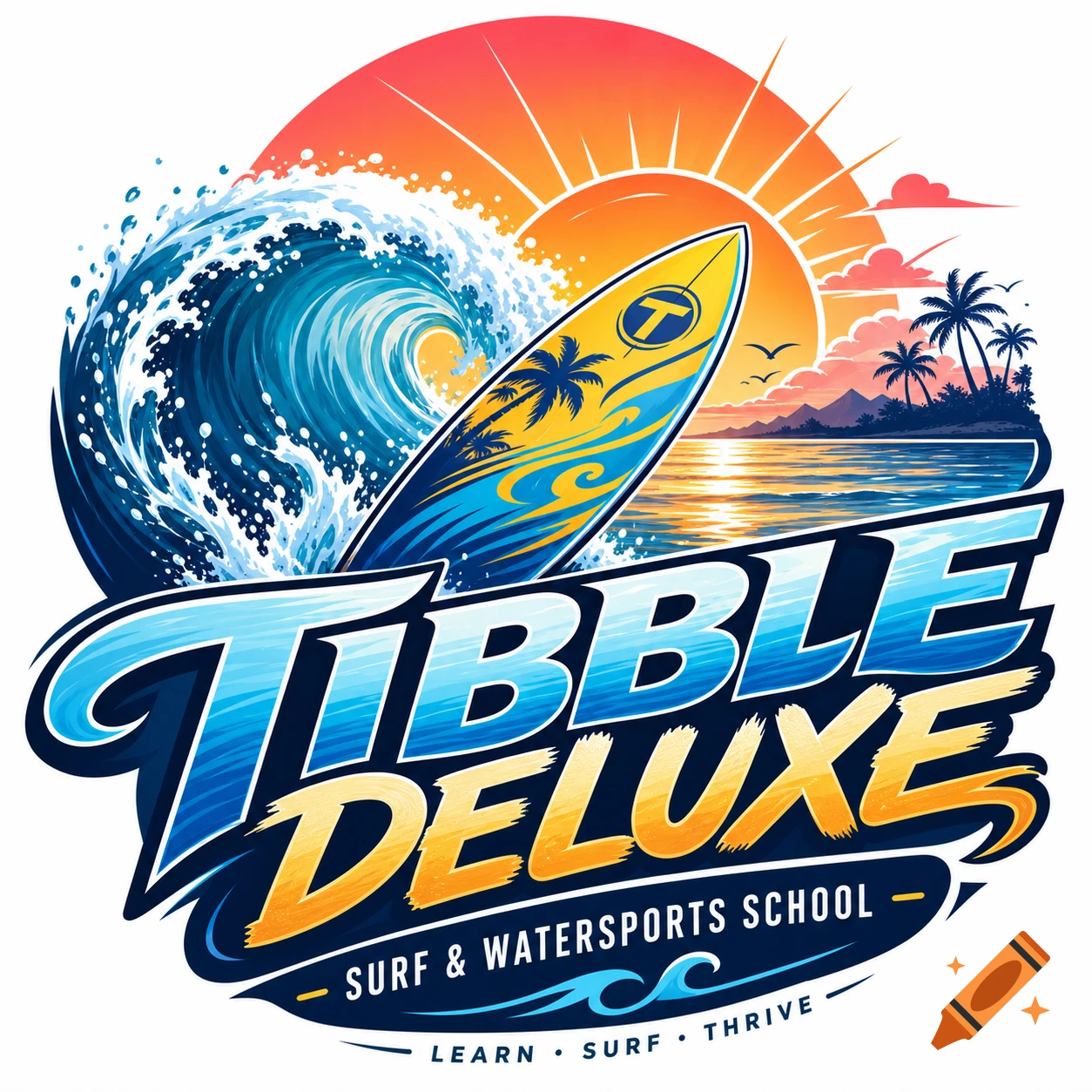 Vibrant surf and watersports school logo with a surfboard, wave, sunset, palm trees, and 'Tibble Deluxe' text.