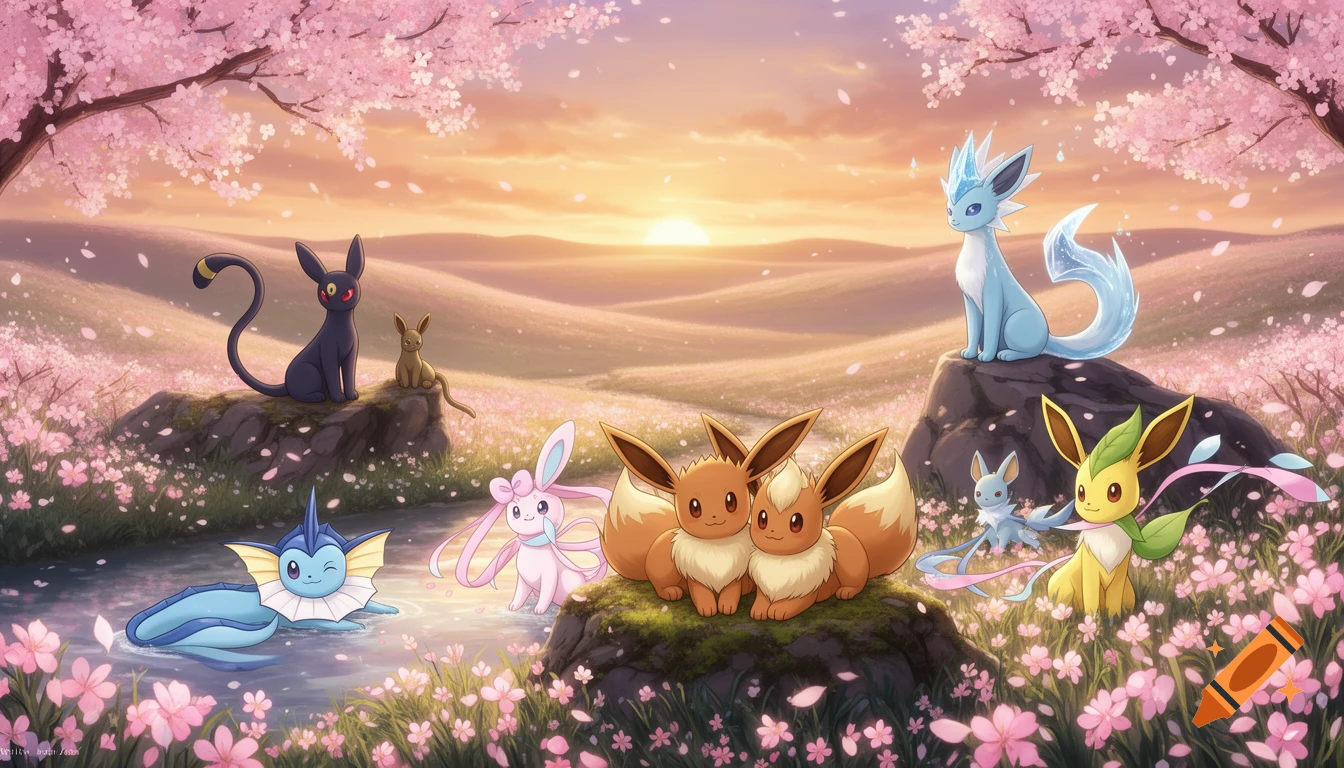 Eevee and its evolutions relax peacefully in a dreamy anime landscape with pink cherry blossoms and a sunset over rolling hills.