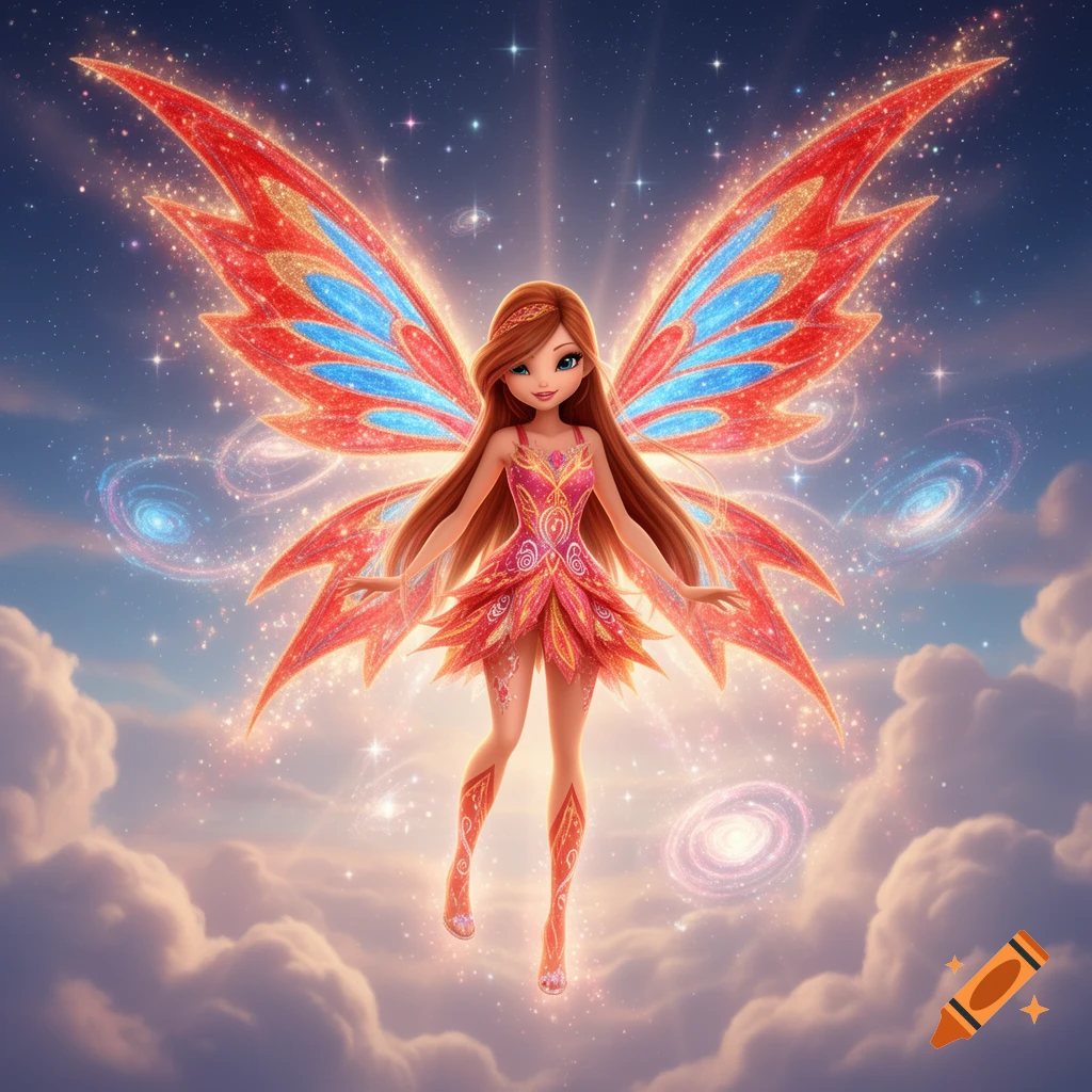 Cartoon fairy with long brown hair, sparkling red and blue wings, and a pink dress floating in a starry, cloudy sky with galaxies.