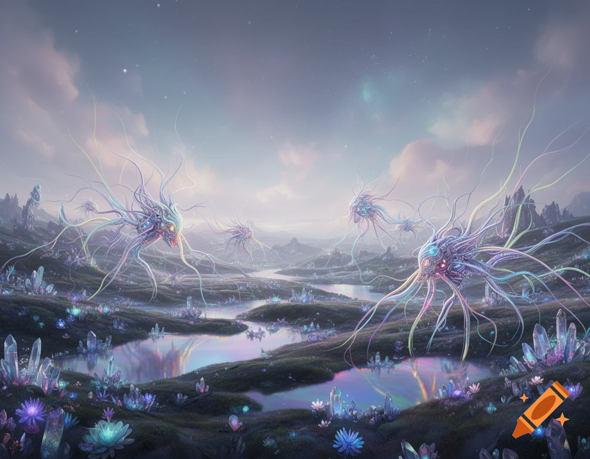 Otherworldly landscape with glowing crystal formations and bizarre, neuron-like flying creatures under a pastel sky.
