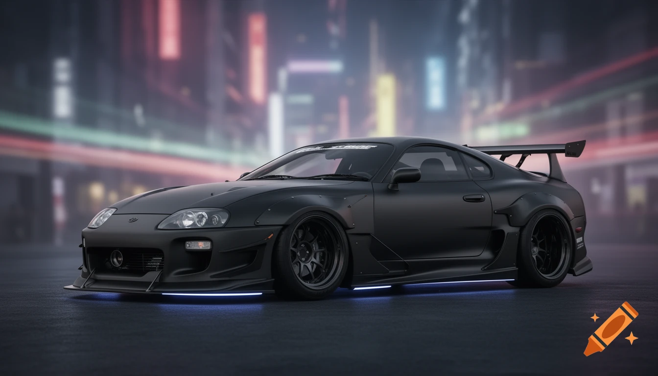 Matte black modified Toyota Supra MK IV with neon underglow, wide body kit, and large spoiler, parked on a street at night with blurred city lights in the background.