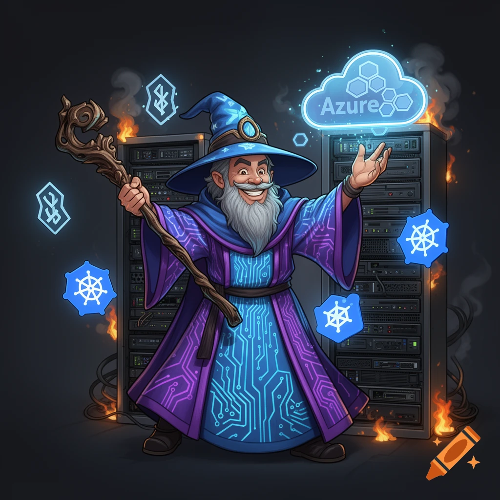 A cartoon wizard in a circuit-patterned robe with a staff, casting a spell to project a glowing Azure cloud logo. Kubernetes logos and runes float around him, with smoking server racks and small flames in the background.