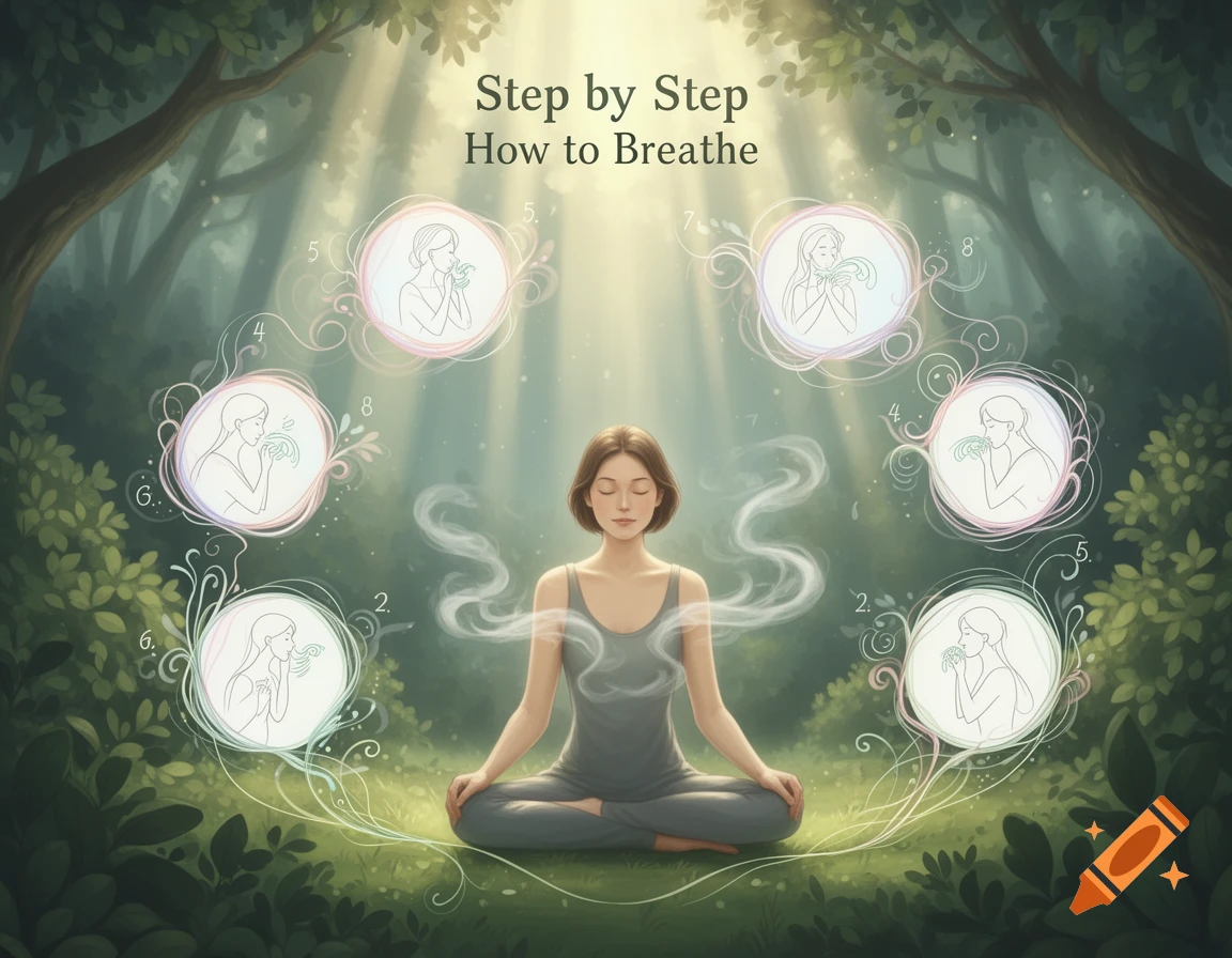 An illustrated guide to breathing steps, featuring a woman meditating in a serene forest, surrounded by numbered diagrams.