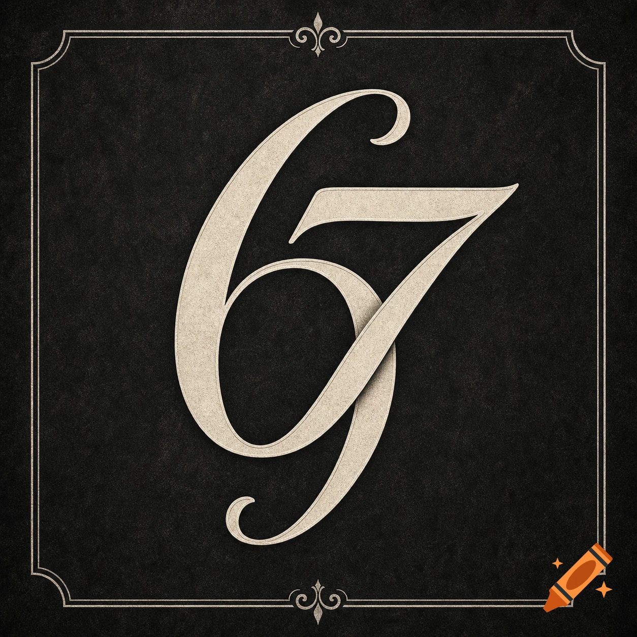 Stylized cream-colored numbers 6 and 7 layered, on a dark textured background within a decorative vintage frame.