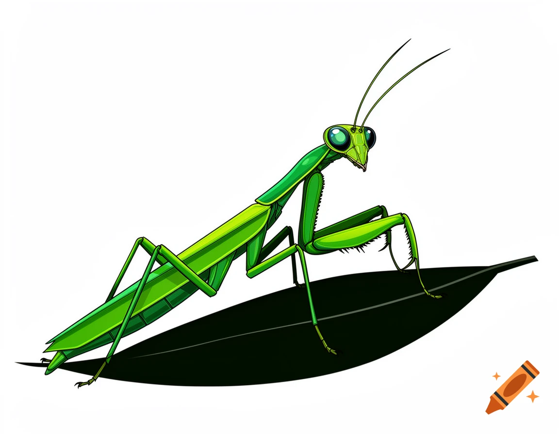 A vibrant green cartoon praying mantis with large eyes stands on a dark green leaf, vector art on white.