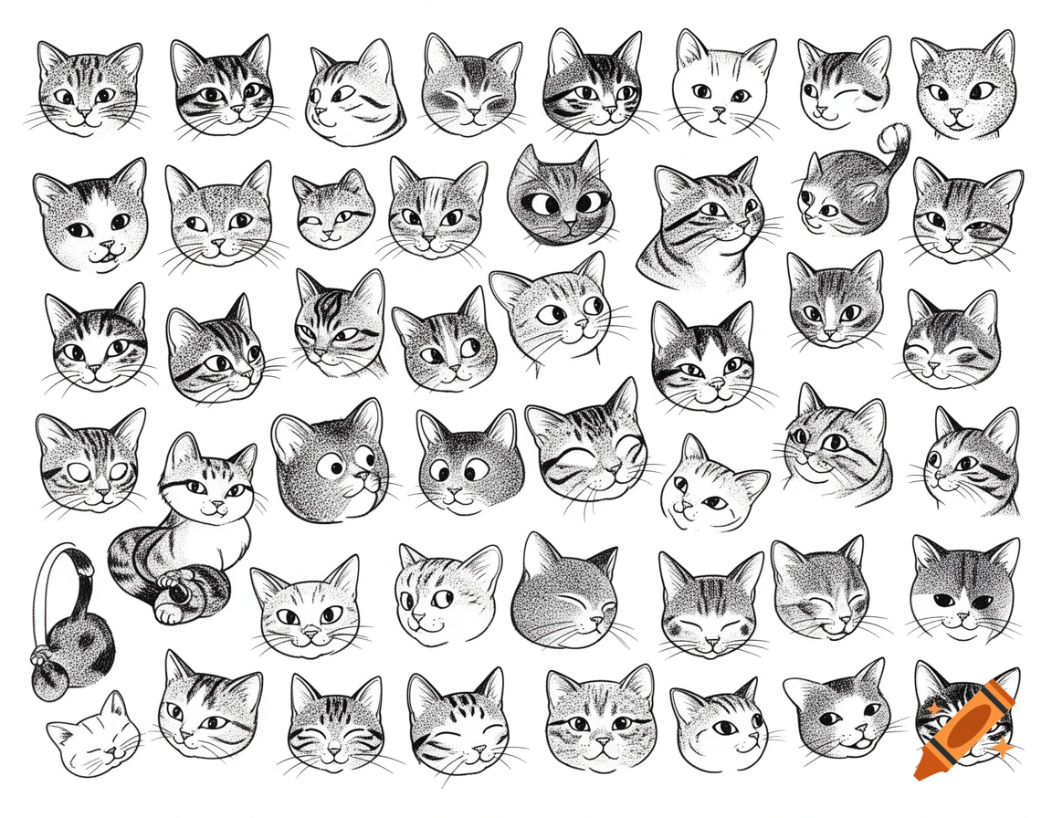 A page filled with black and white line art doodles of numerous cat heads, each with unique expressions, and one full cat in a cartoon style.