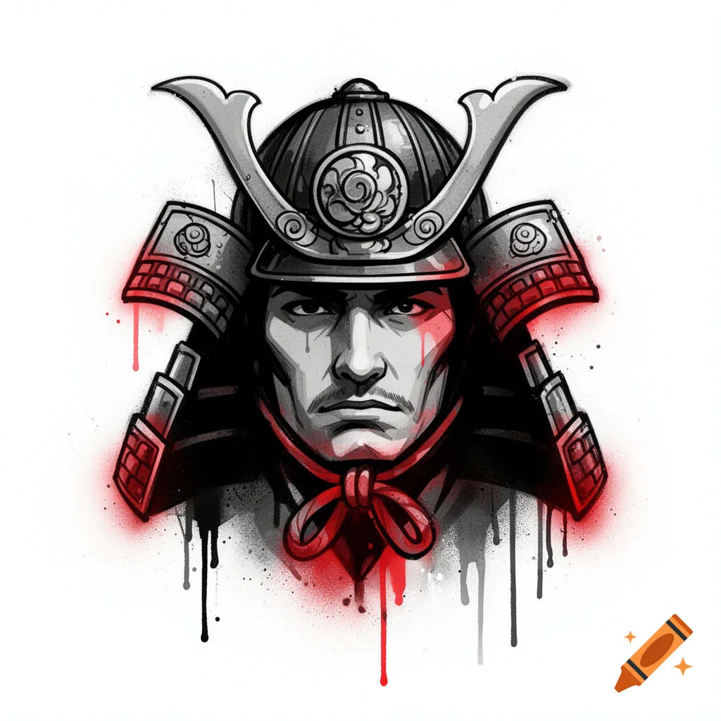 A stylized graffiti-style illustration of a samurai's head, with a stoic face and a traditional helmet, featuring red and black paint drips.