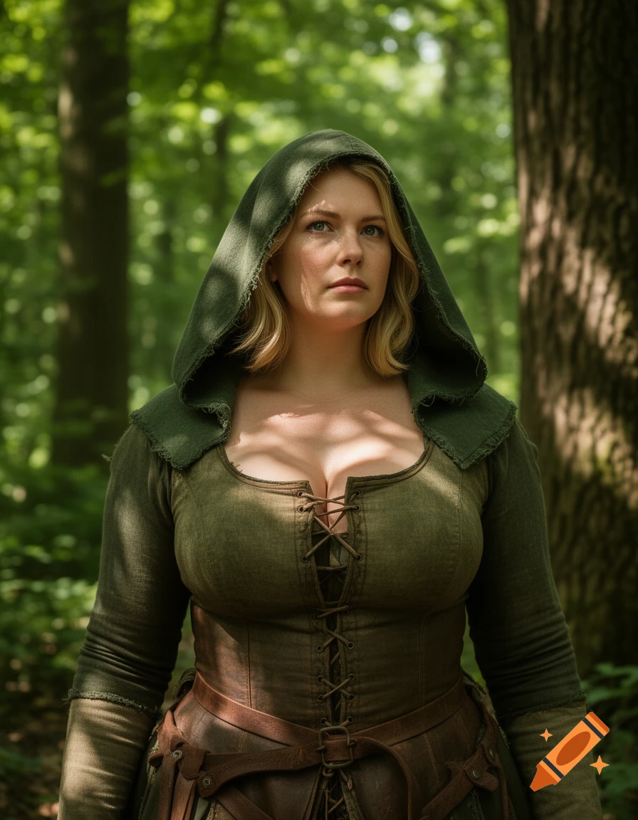 A photorealistic portrait of a blonde woman in a green hooded tunic and brown corset, standing in a sunlit forest.