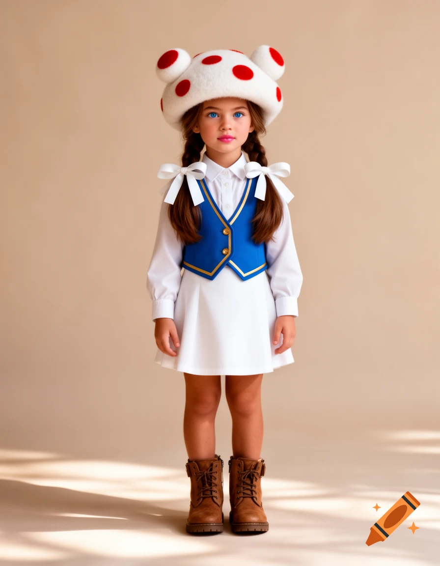 A young girl in a Toad costume, wearing a white mushroom hat with red spots, a blue vest, white shirt, and brown boots, standing against a beige background.