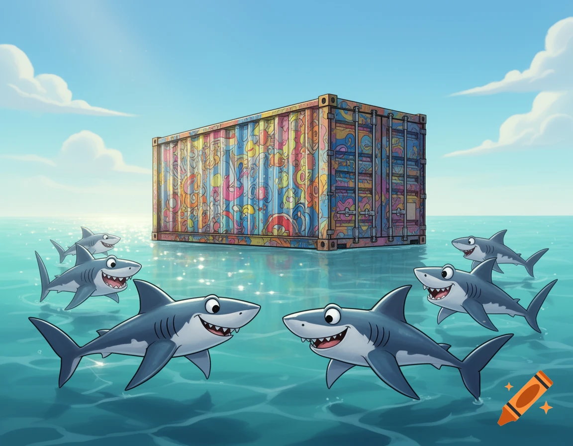 Cartoon sharks swim around a colorful, graffiti-covered shipping container in the ocean under a blue sky.
