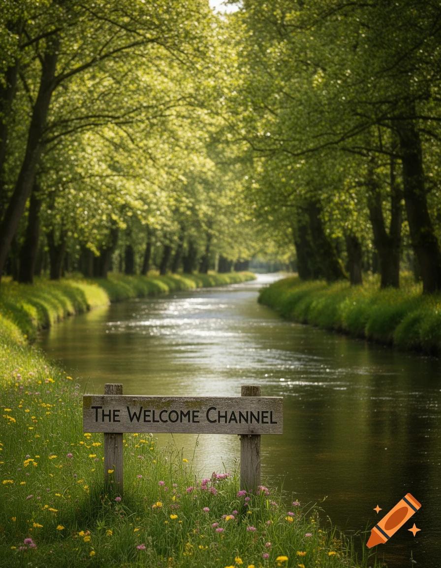 Photorealistic image of a tree-lined channel with a sign reading "The Welcome Channel" in the foreground among wildflowers.