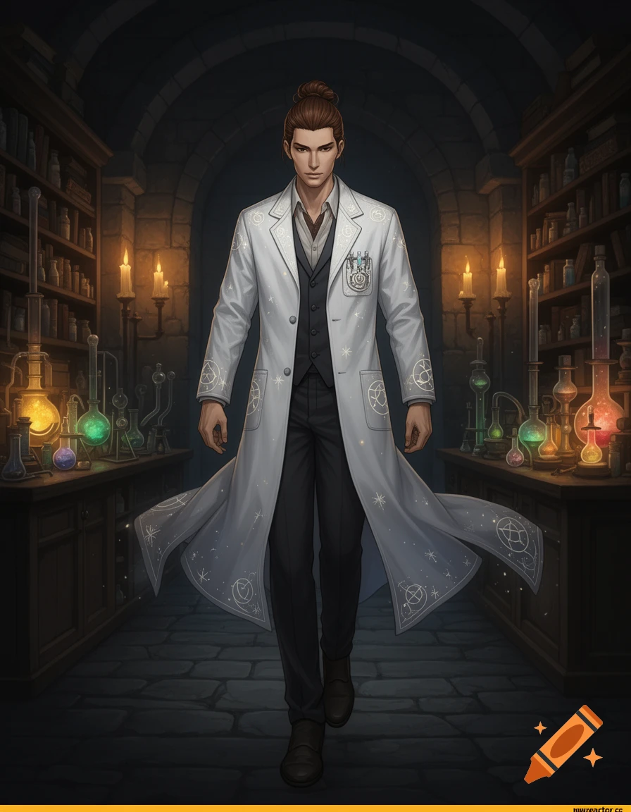 An anime-style male sorcerer wearing a white, long, doctor-like coat adorned with mystical symbols, a dark vest, and black pants, stands in a dimly lit, stone-walled laboratory filled with glowing alchemical flasks and bookshelves.