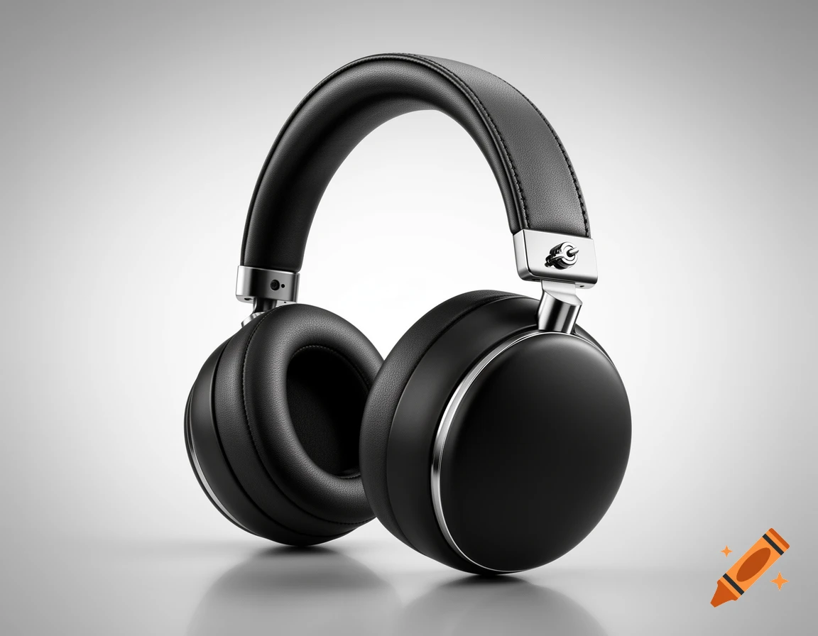 A pair of sleek black over-ear headphones with silver accents and leather padding, set on a reflective surface against a gradient grey background.