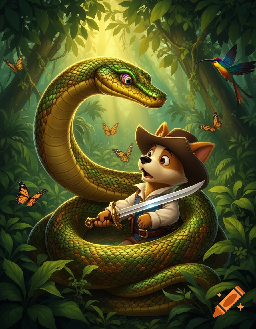 A cartoon dog-like character in a cowboy hat and tunic, holding a sword, is coiled by a large green snake in a vibrant jungle setting with butterflies and a hummingbird.
