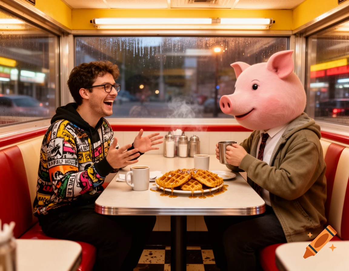 A man laughing with a person in a pig mascot head sitting at a diner table with waffles and coffee.
