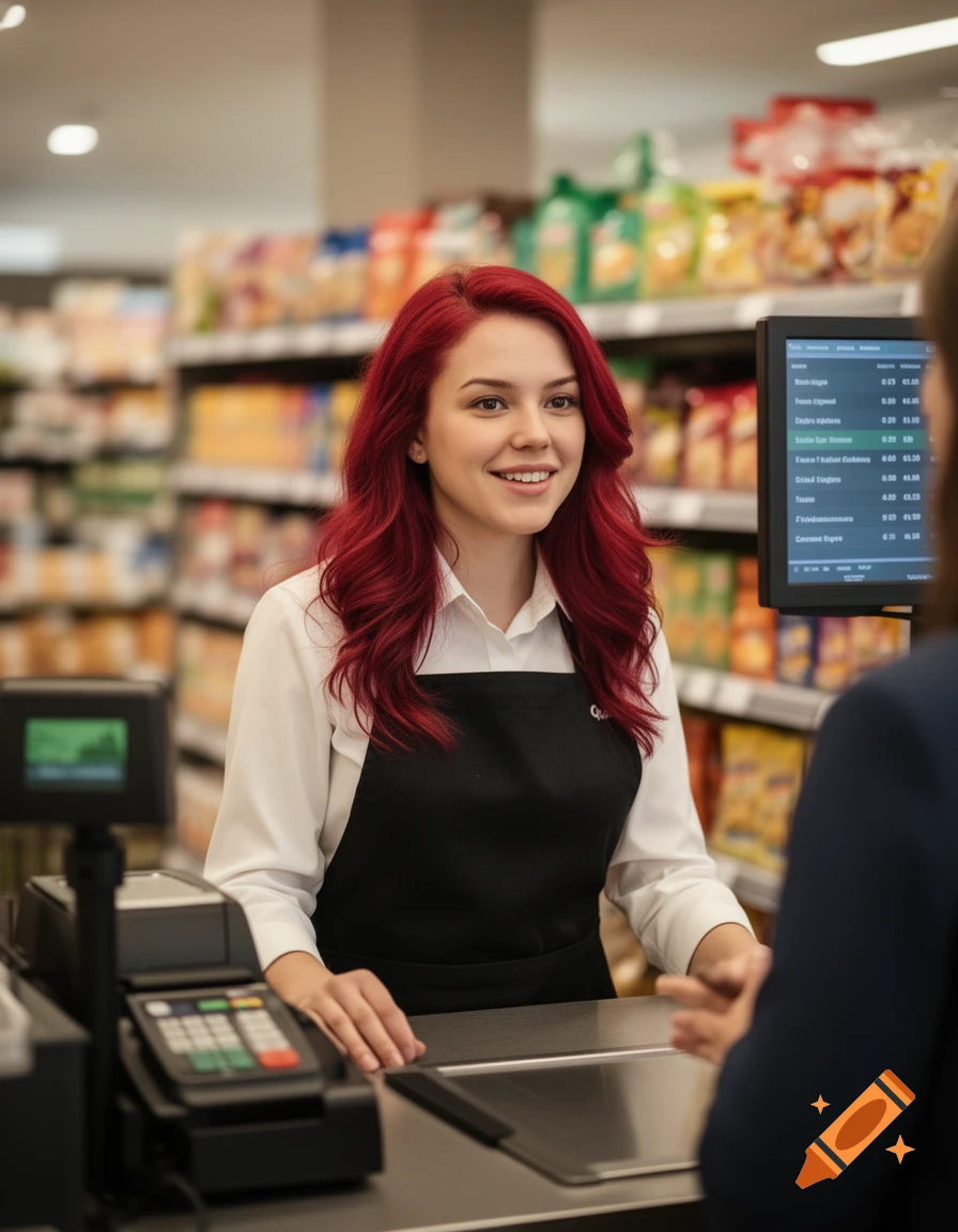 A smiling woman with bright red hair, wearing a white shirt and black apron, stands behind a supermarket checkout counter.