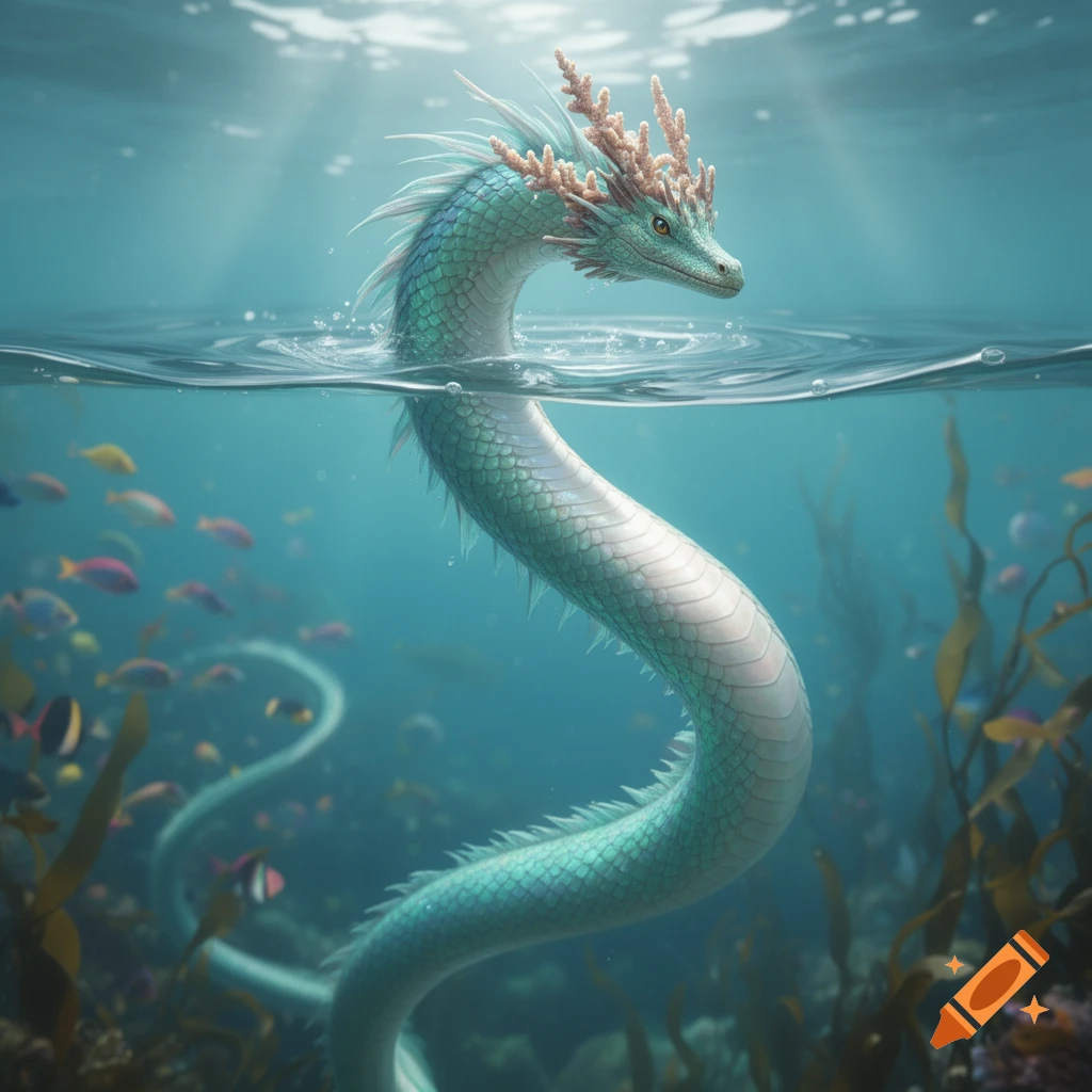 A majestic serpentine water dragon with a coral crown emerges from clear blue ocean water, surrounded by fish and seaweed.