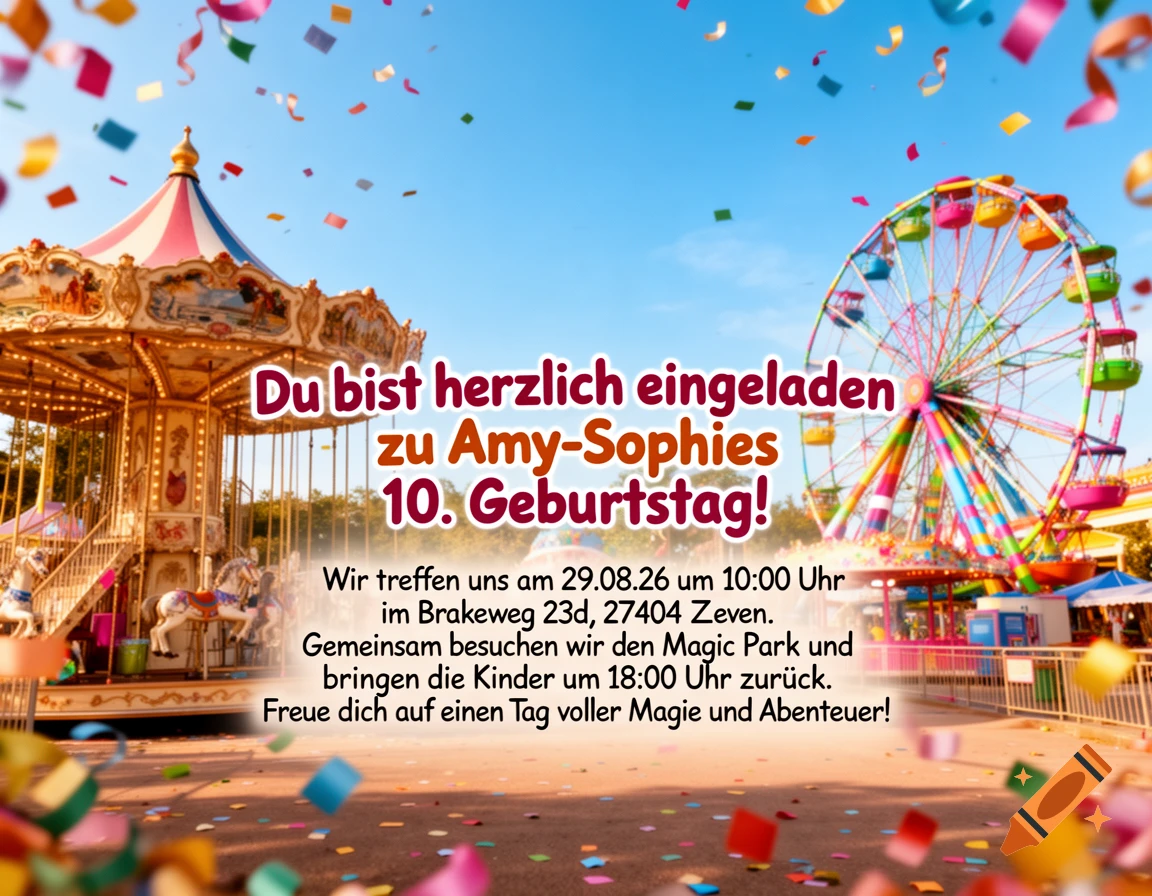 A vibrant birthday invitation featuring a carousel and a Ferris wheel at an amusement park with colorful confetti falling, on a sunny day.