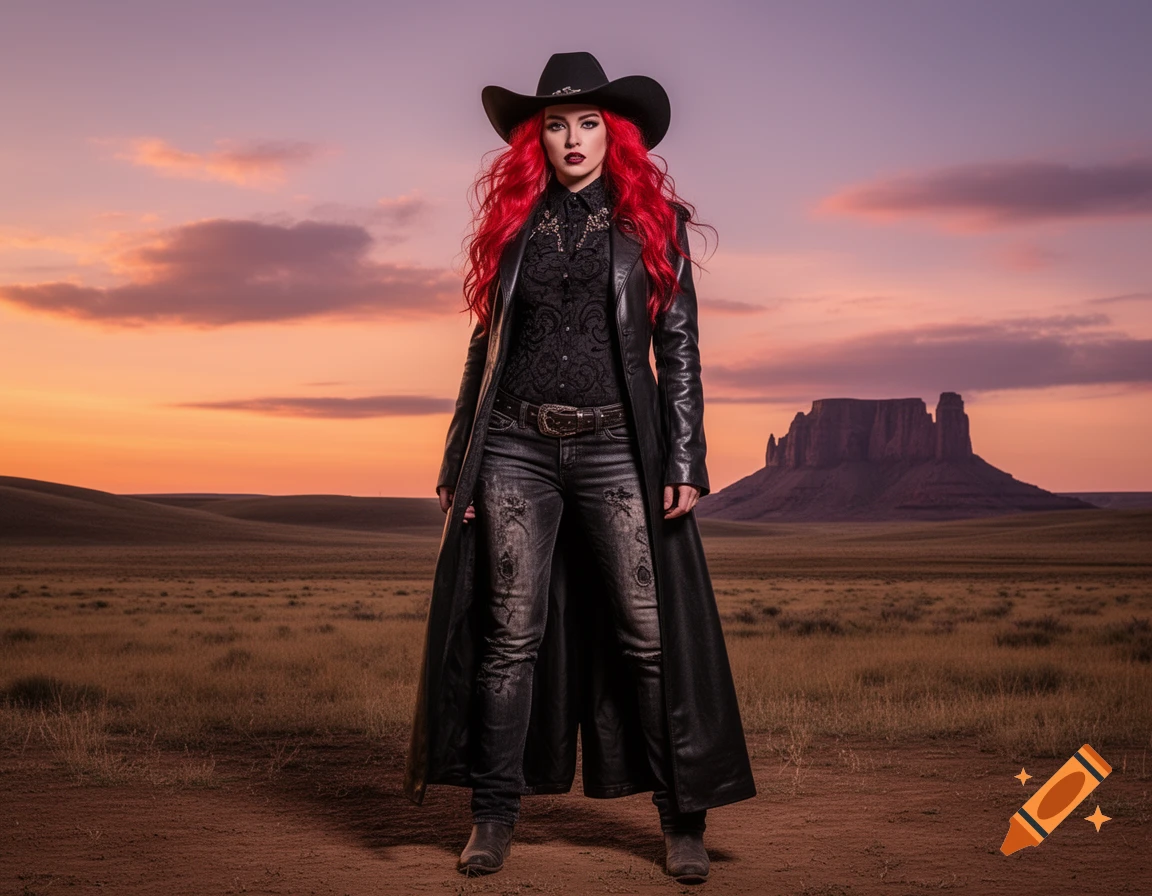 Photorealistic gothic cowgirl with red hair, black hat, and long leather coat, standing in a desert landscape with a sunset and mesa.