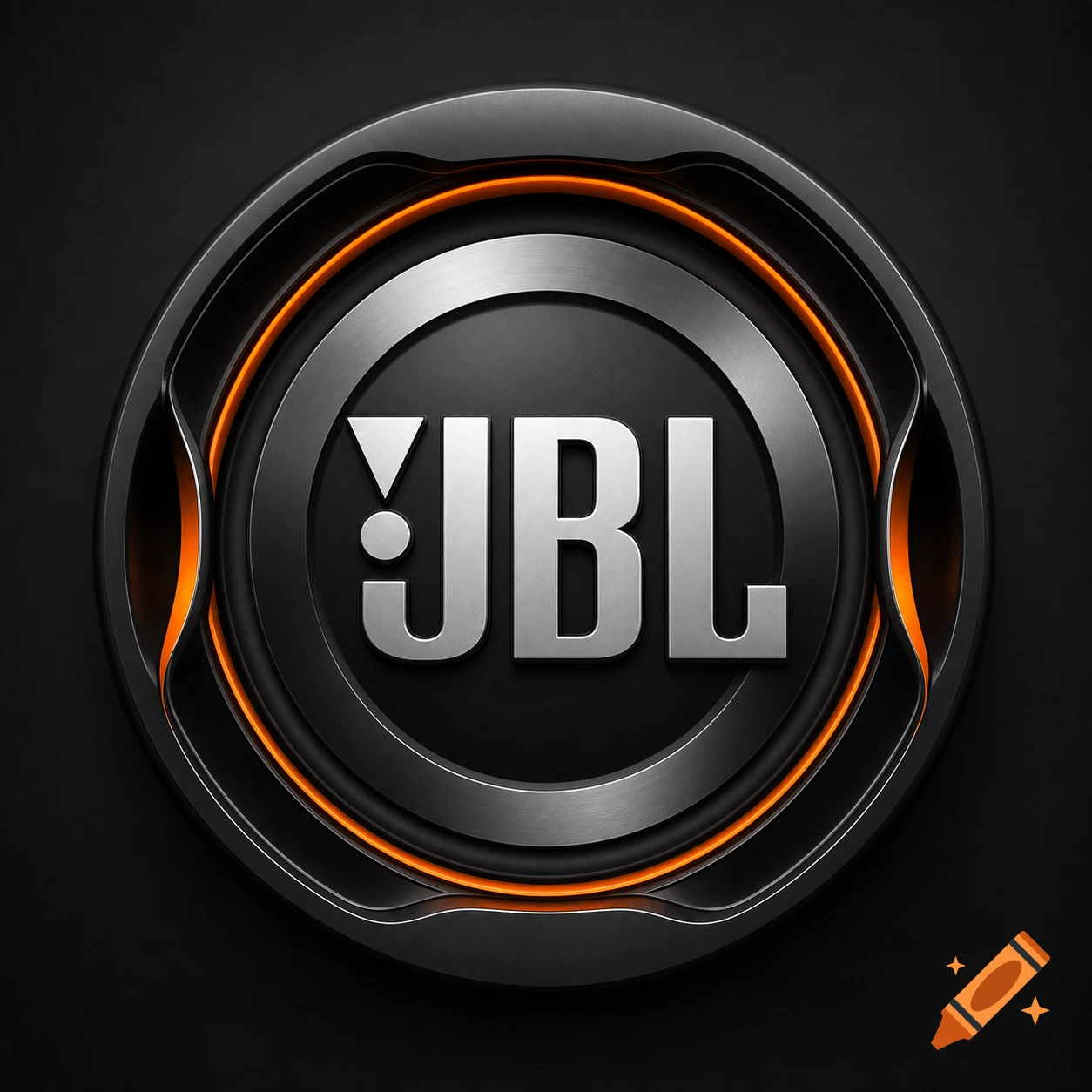 A stylized, round JBL logo in metallic silver and black, with glowing orange accents on a dark background.