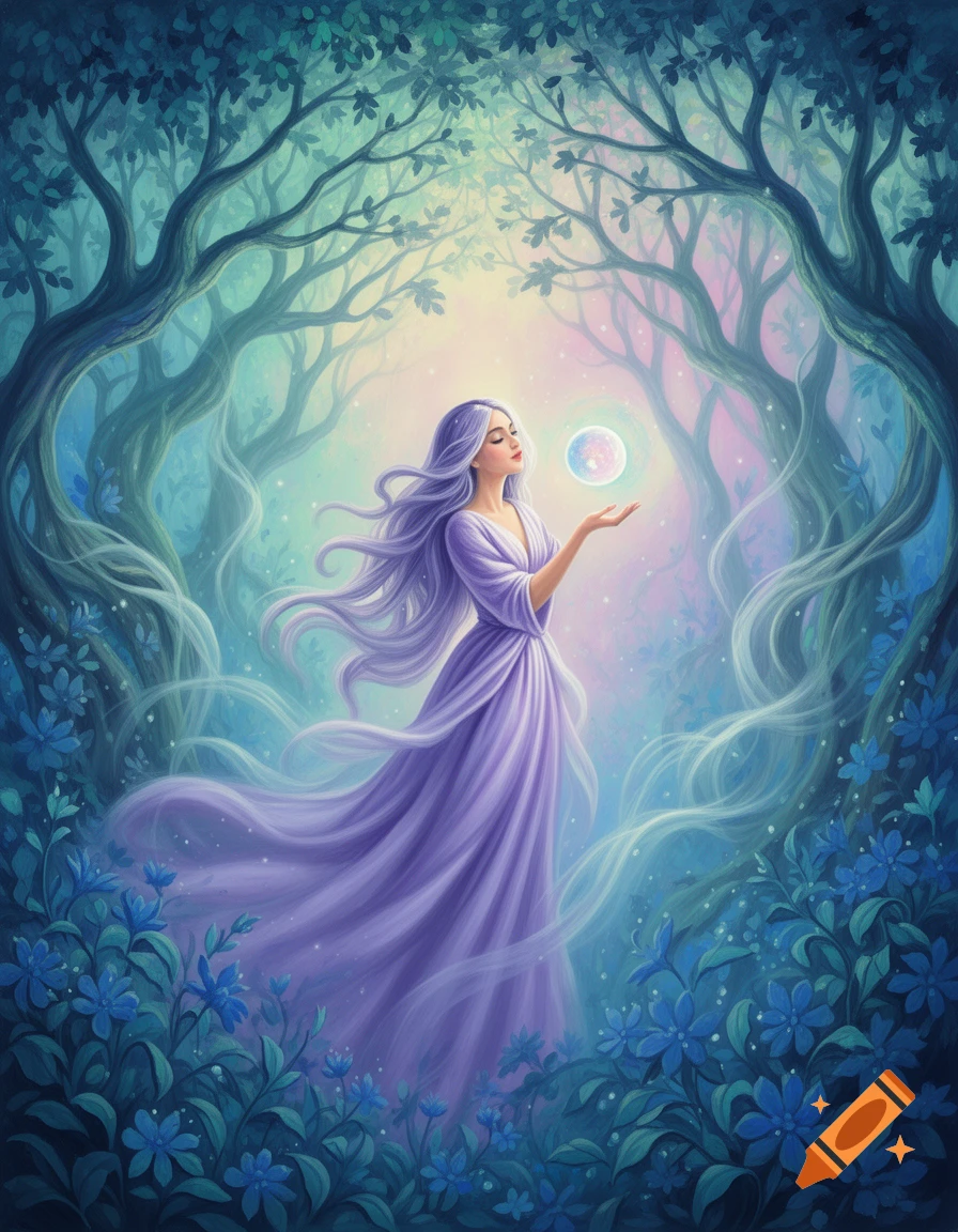 A woman with long purple hair in a flowing gown holds a glowing orb in a mystical forest with blue trees and flowers, painted in an ethereal style.