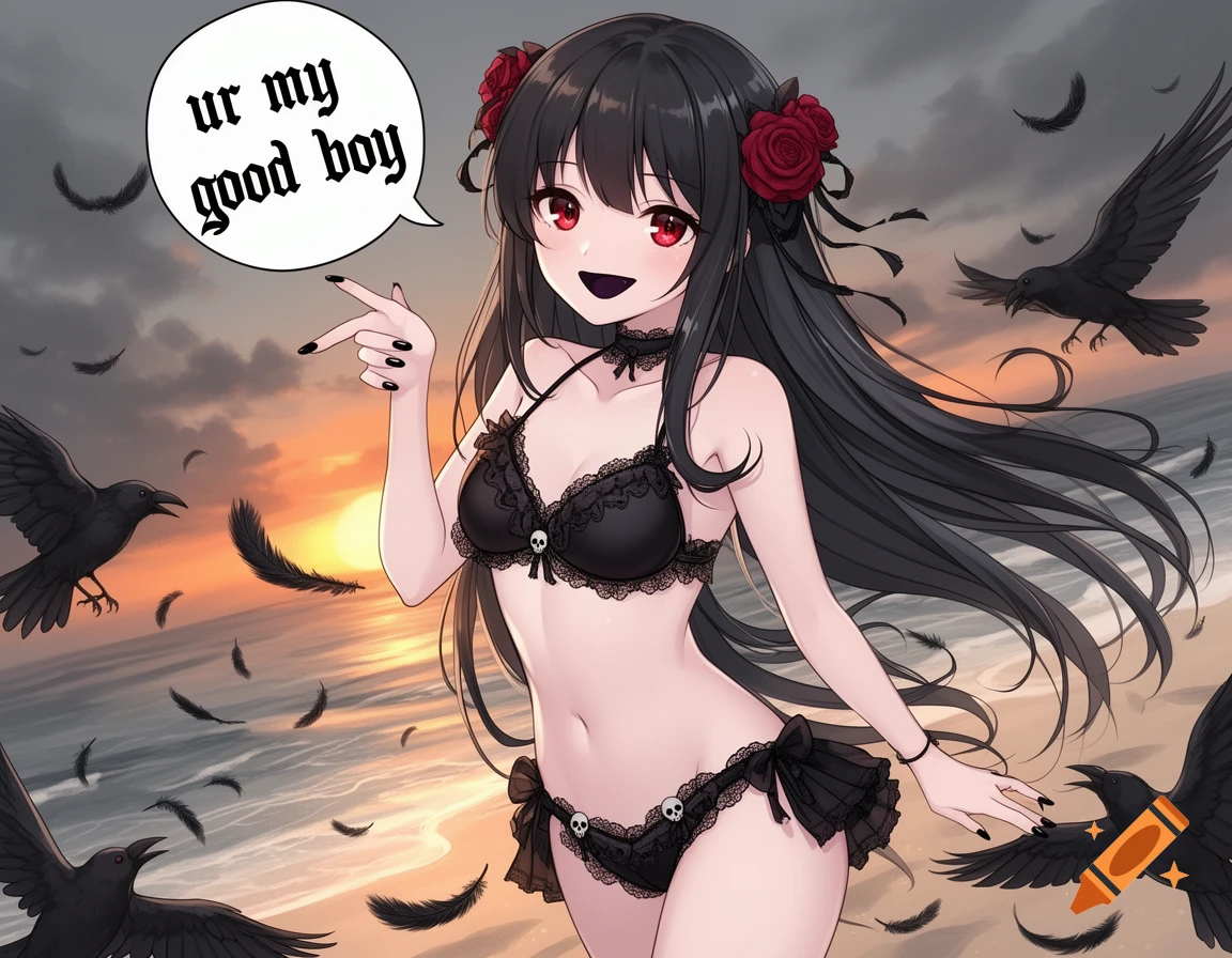 A gothic anime girl in a black bikini, pointing with a speech bubble saying "ur my good boy" on a sunset beach with crows.