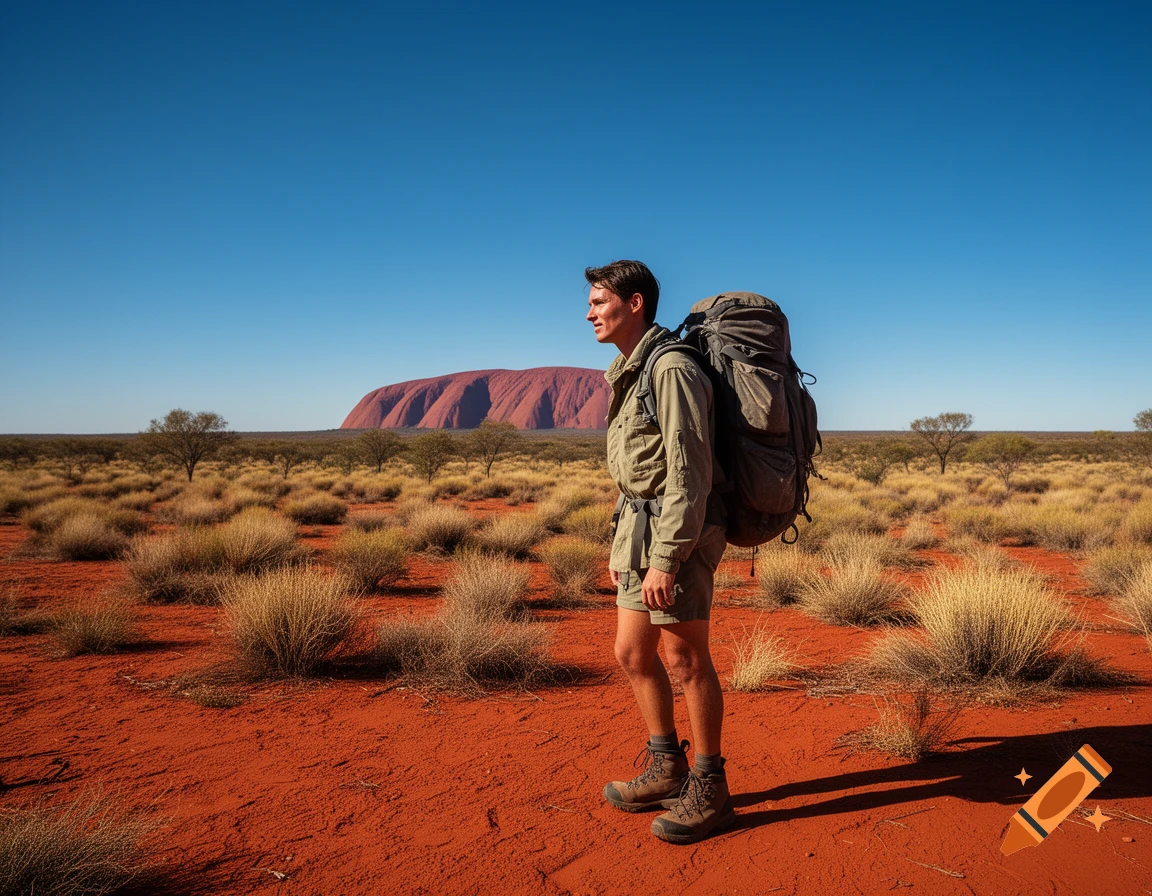 A lone male backpacker stands on red desert soil, looking out at the vast Australian outback with a distant red mountain under a clear blue sky.