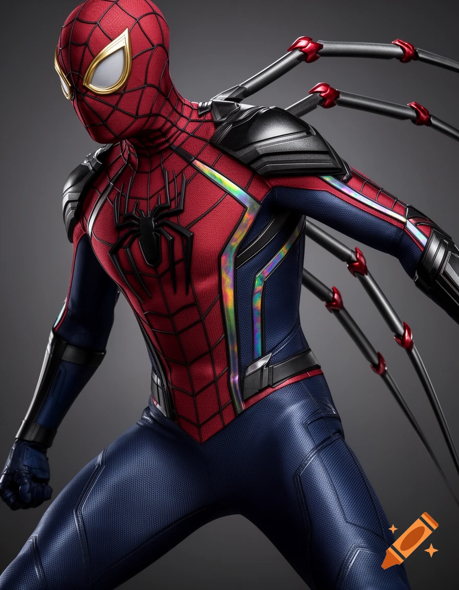 Close-up, photorealistic Spider-Man in a detailed red and blue suit with black armor, iridescent accents, and mechanical spider arms.