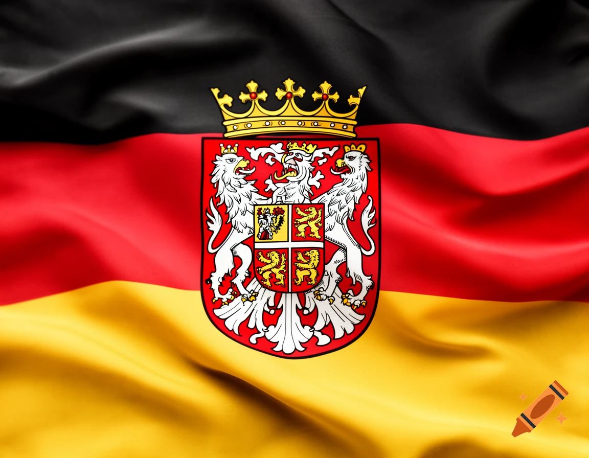 Waving German flag in black, red, and gold with a detailed red and white coat of arms featuring two lions and a golden crown.