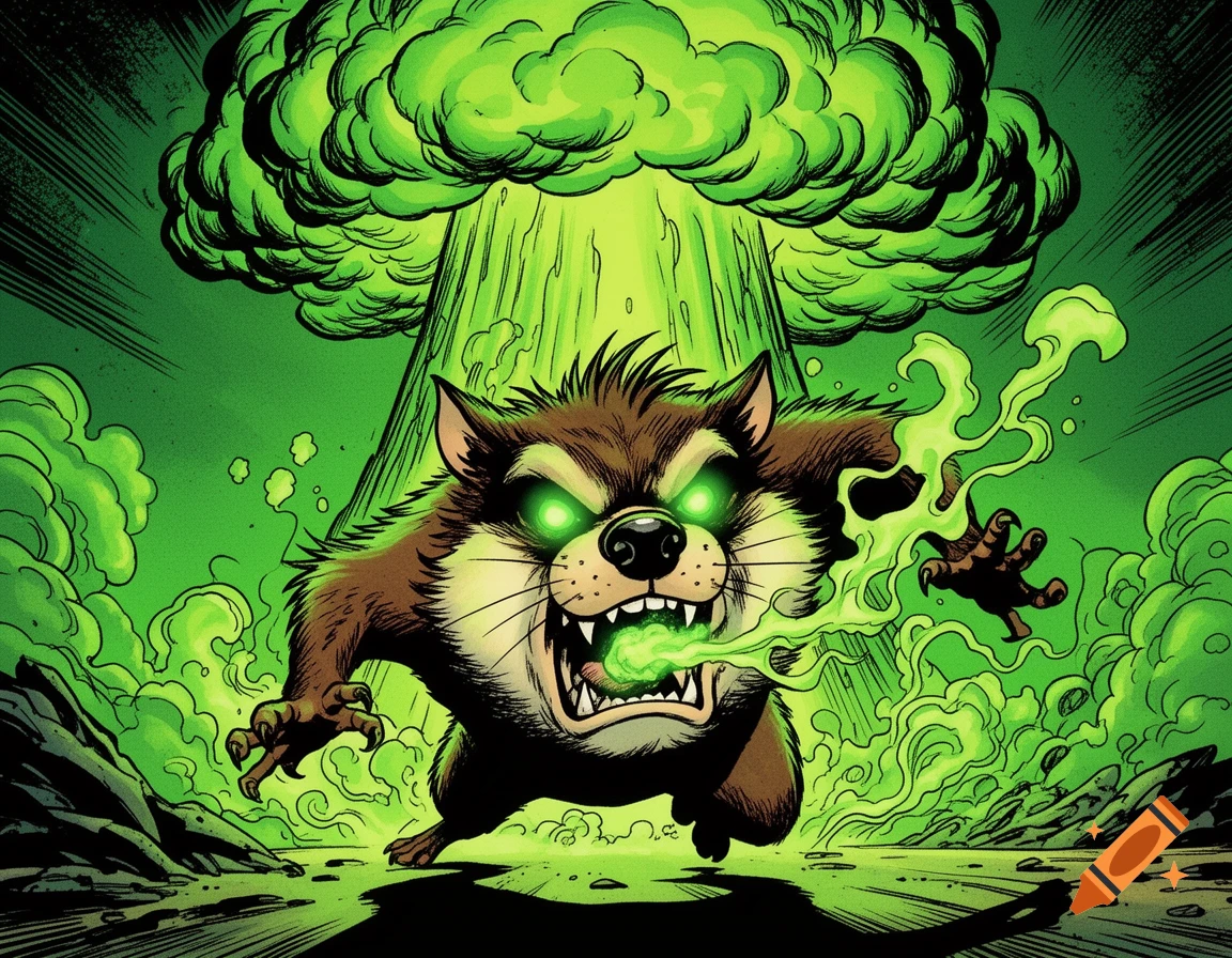 A furious, cartoon Tasmanian devil with glowing green eyes exhales neon green steam, with a vibrant green mushroom cloud exploding in the comic book style background.