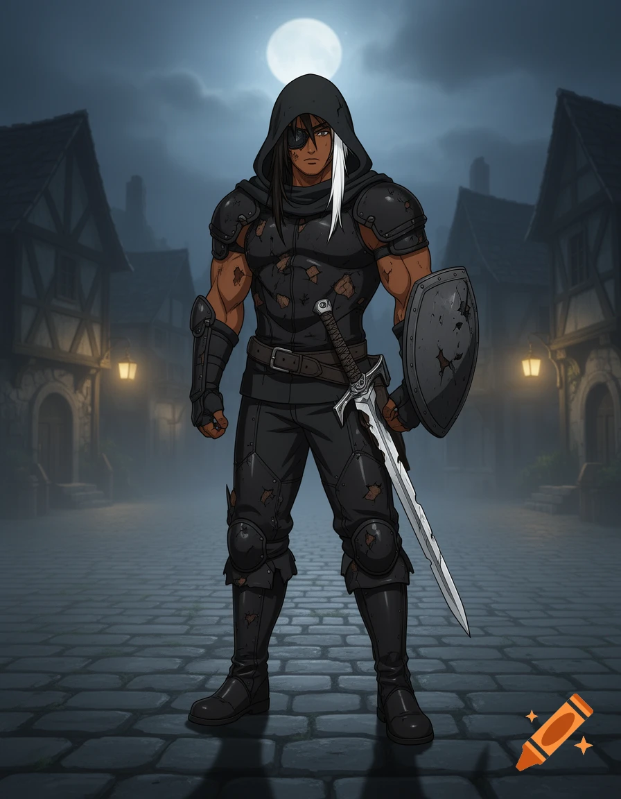 Muscular anime warrior with an eye patch, black patchwork armor, sword, and shield stands in a fantasy village at night under a full moon.